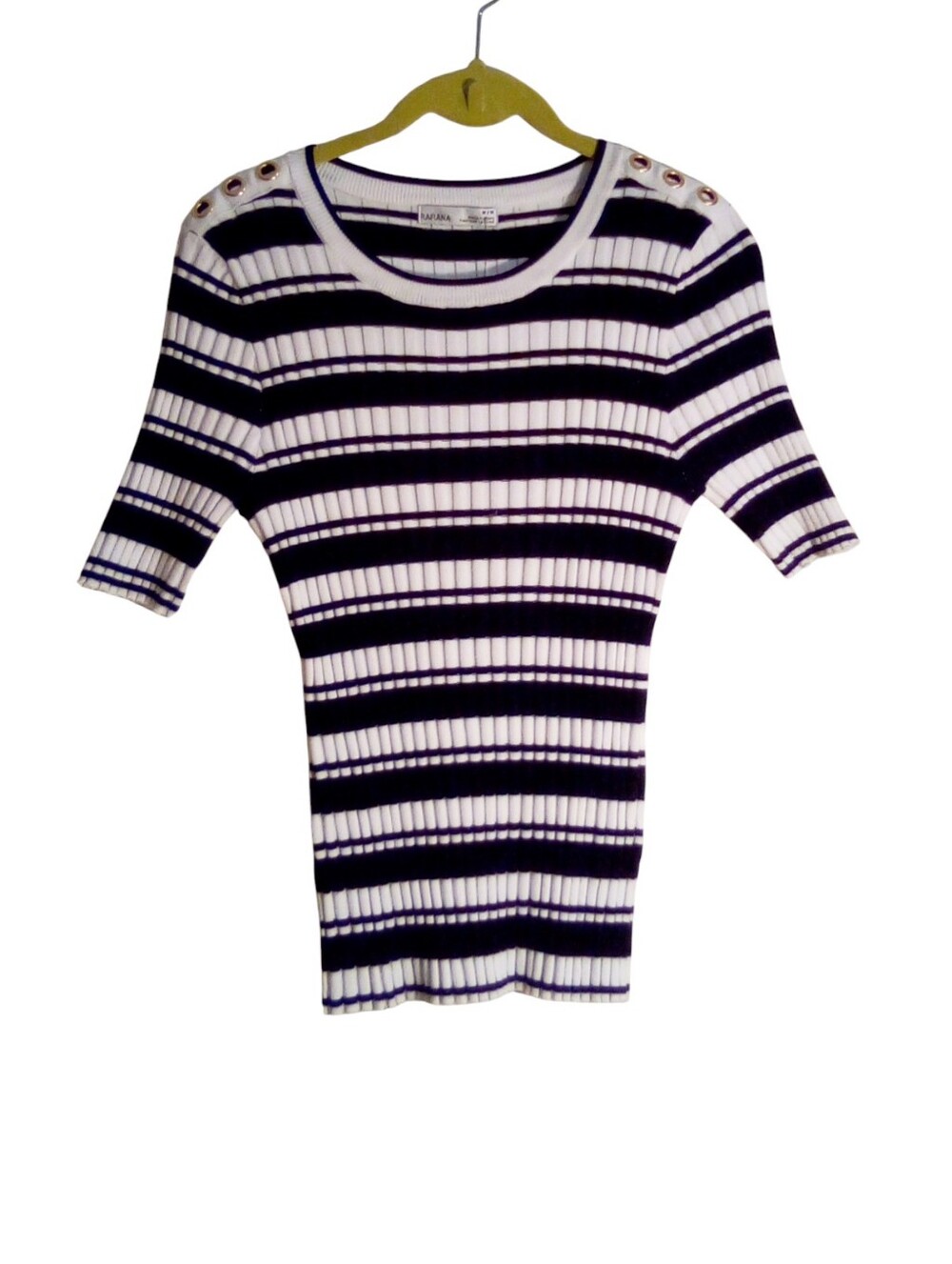 RAFIANA Womens Top Medium Ribbed Stripe Stretch Gold Grommet Detailing Blk/White